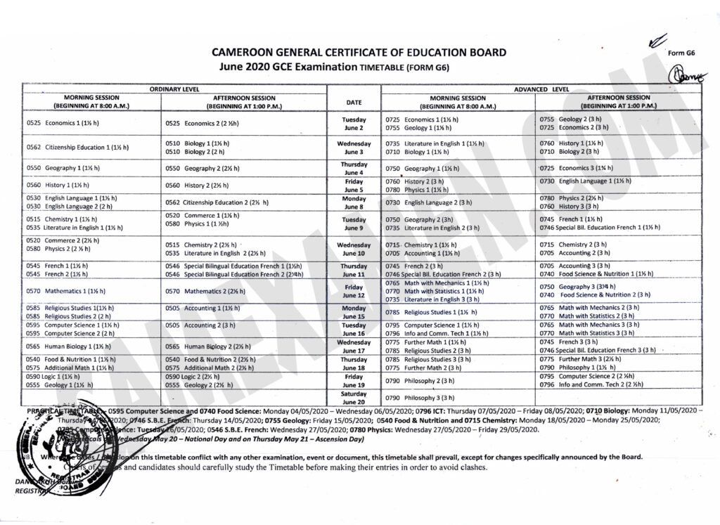 June 2020 GCE Examination timetable Written and Practical