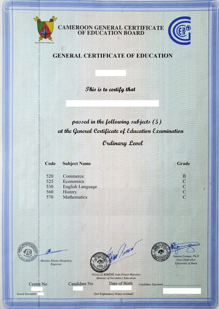 recover lost Cameroon GCE O/A level certificate